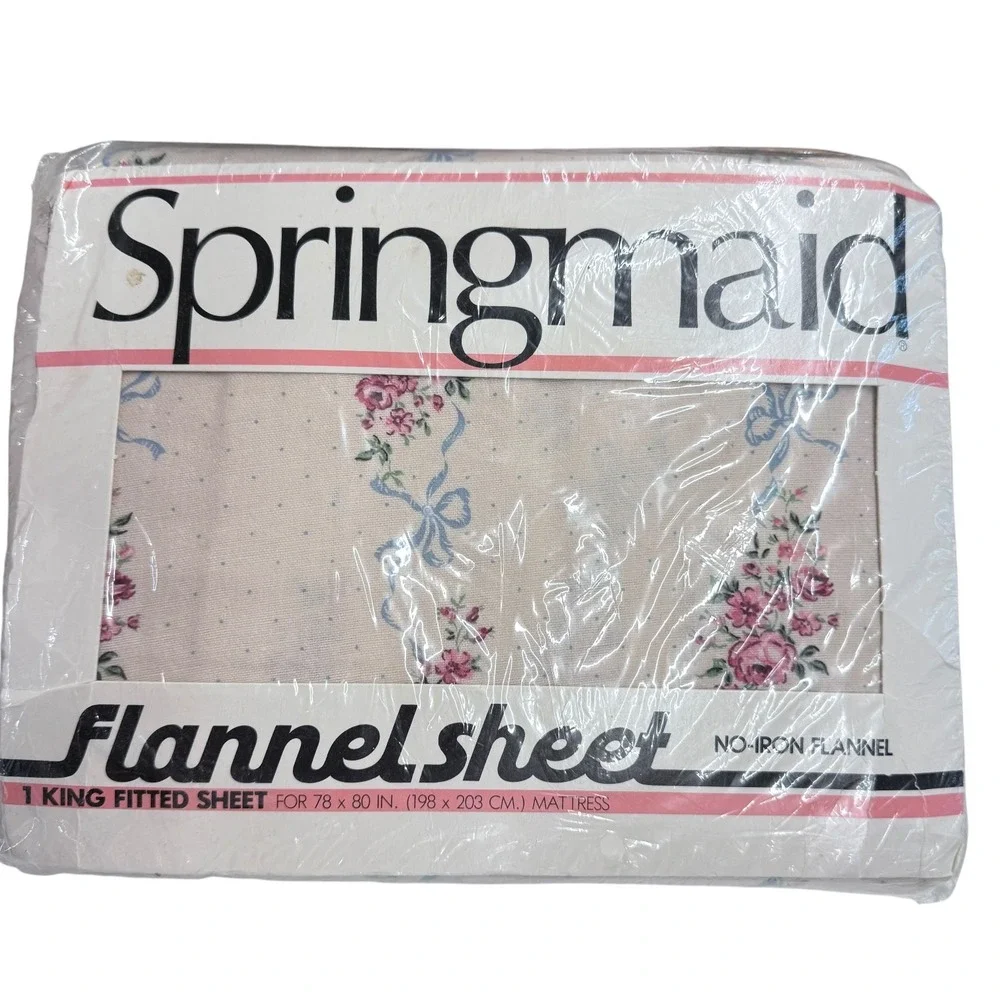 New Springmaid King Fitted Sheet Vintage Pink Floral Rose Flannel Cream King